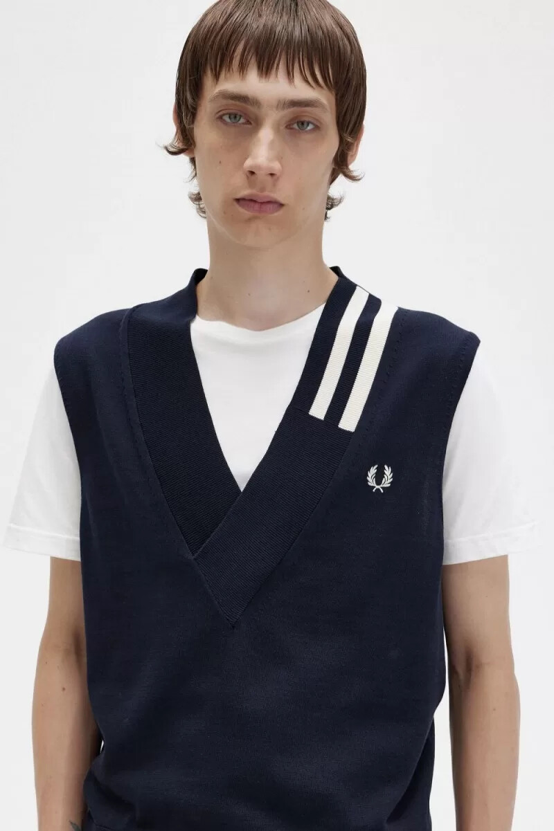 fred perry canotta da uomo in maglia con scollo a v e punta blu navy