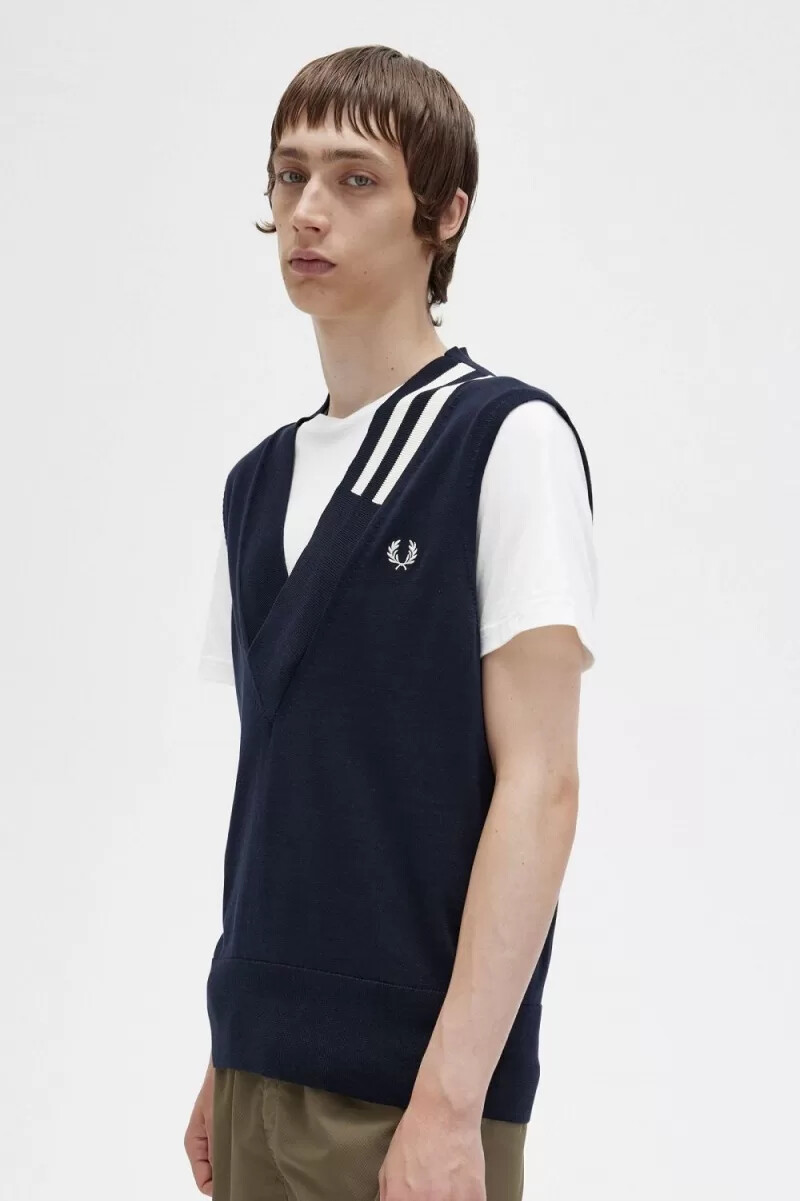fred perry canotta da uomo in maglia con scollo a v e punta blu navy