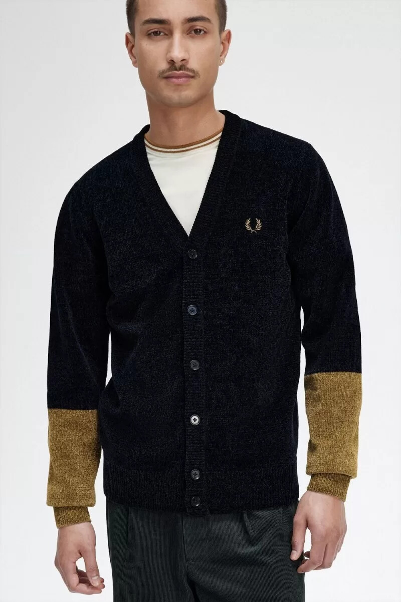 cardigan da uomo in ciniglia color block fred perry nero