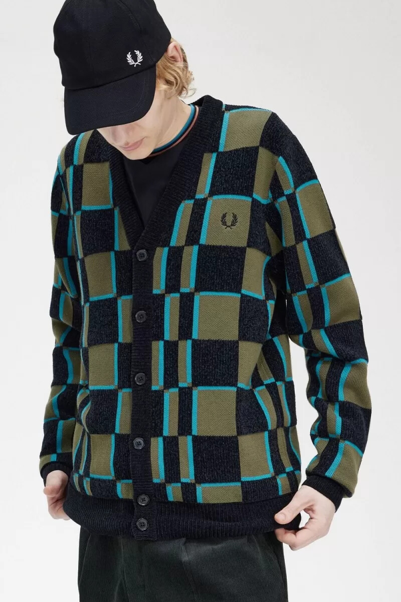 cardigan da uomo fred perry glitch chequerboard uniform green black