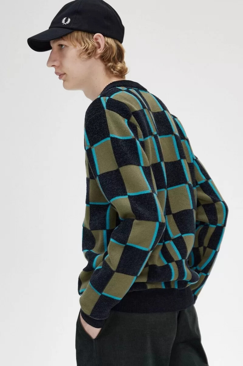 cardigan da uomo fred perry glitch chequerboard uniform green black