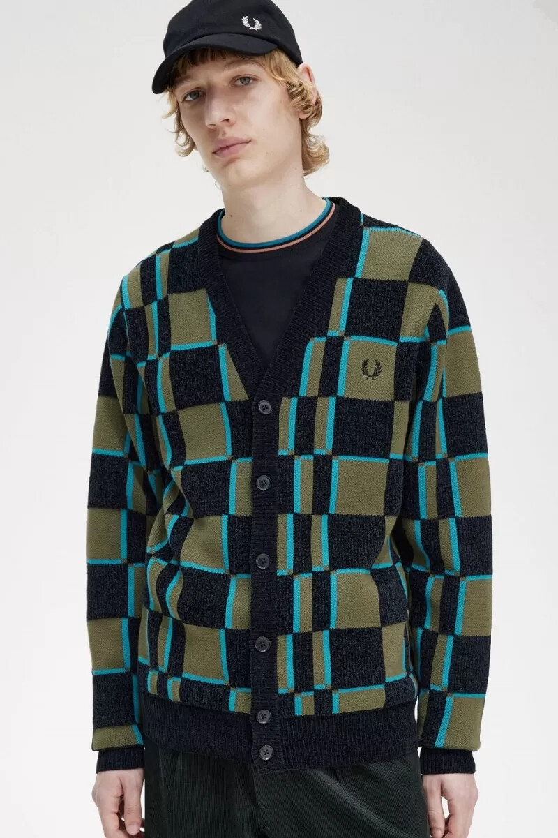 cardigan da uomo fred perry glitch chequerboard uniform green black