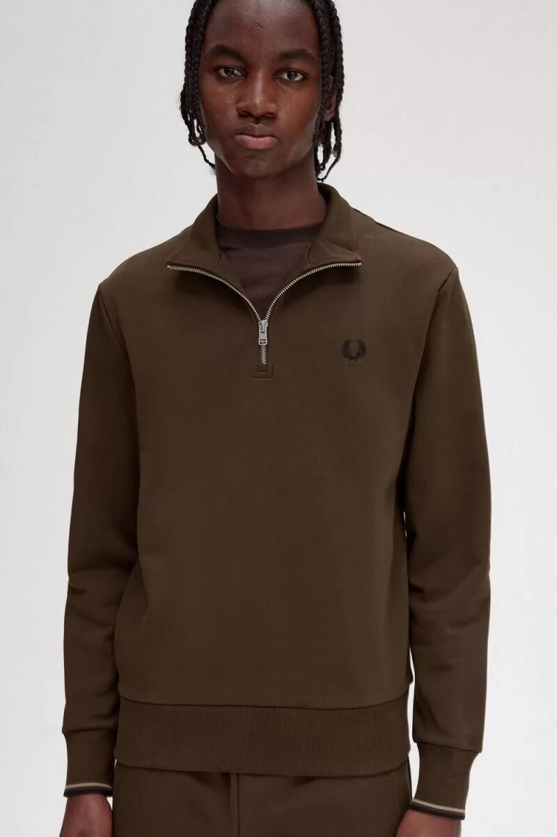 felpa con mezza zip da uomo fred perry burnt tobacco