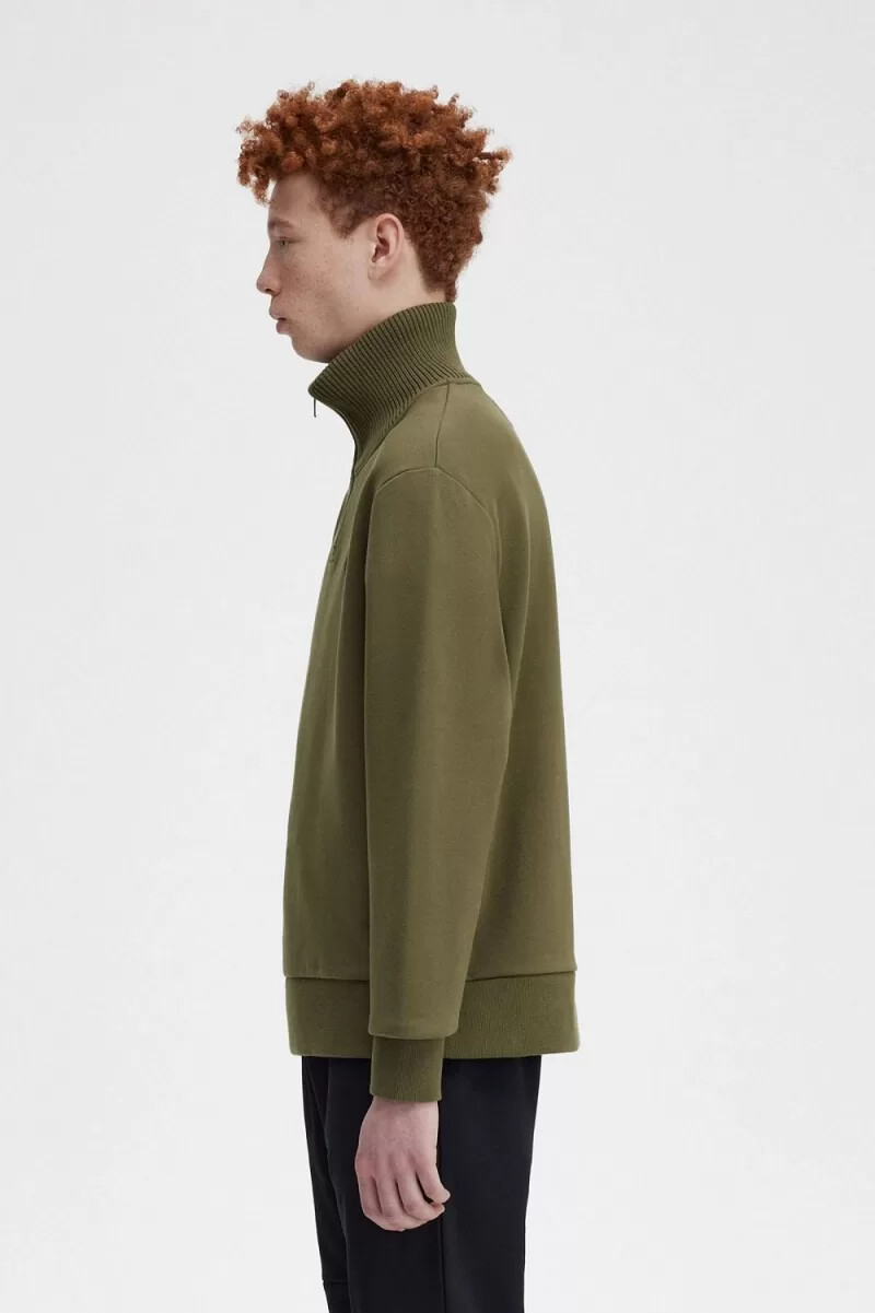 felpa da uomo con collo a zip e finiture in maglia fred perry verde uniforme
