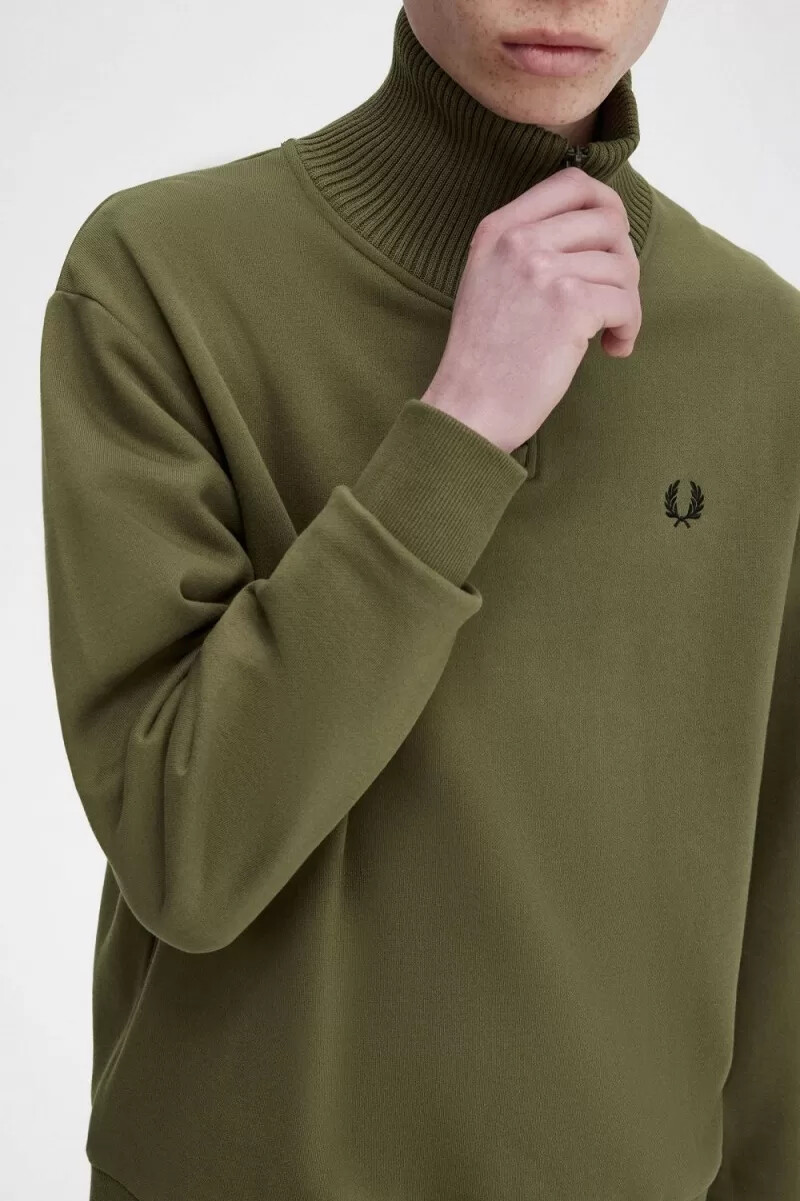 felpa da uomo con collo a zip e finiture in maglia fred perry verde uniforme