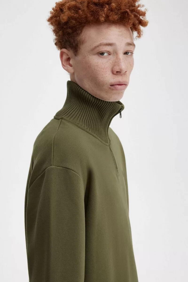 felpa da uomo con collo a zip e finiture in maglia fred perry verde uniforme