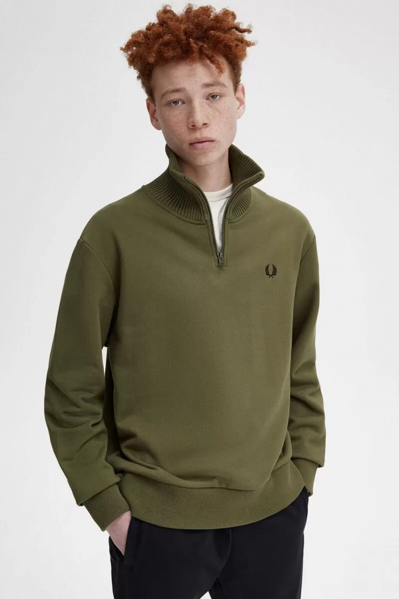 felpa da uomo con collo a zip e finiture in maglia fred perry verde uniforme