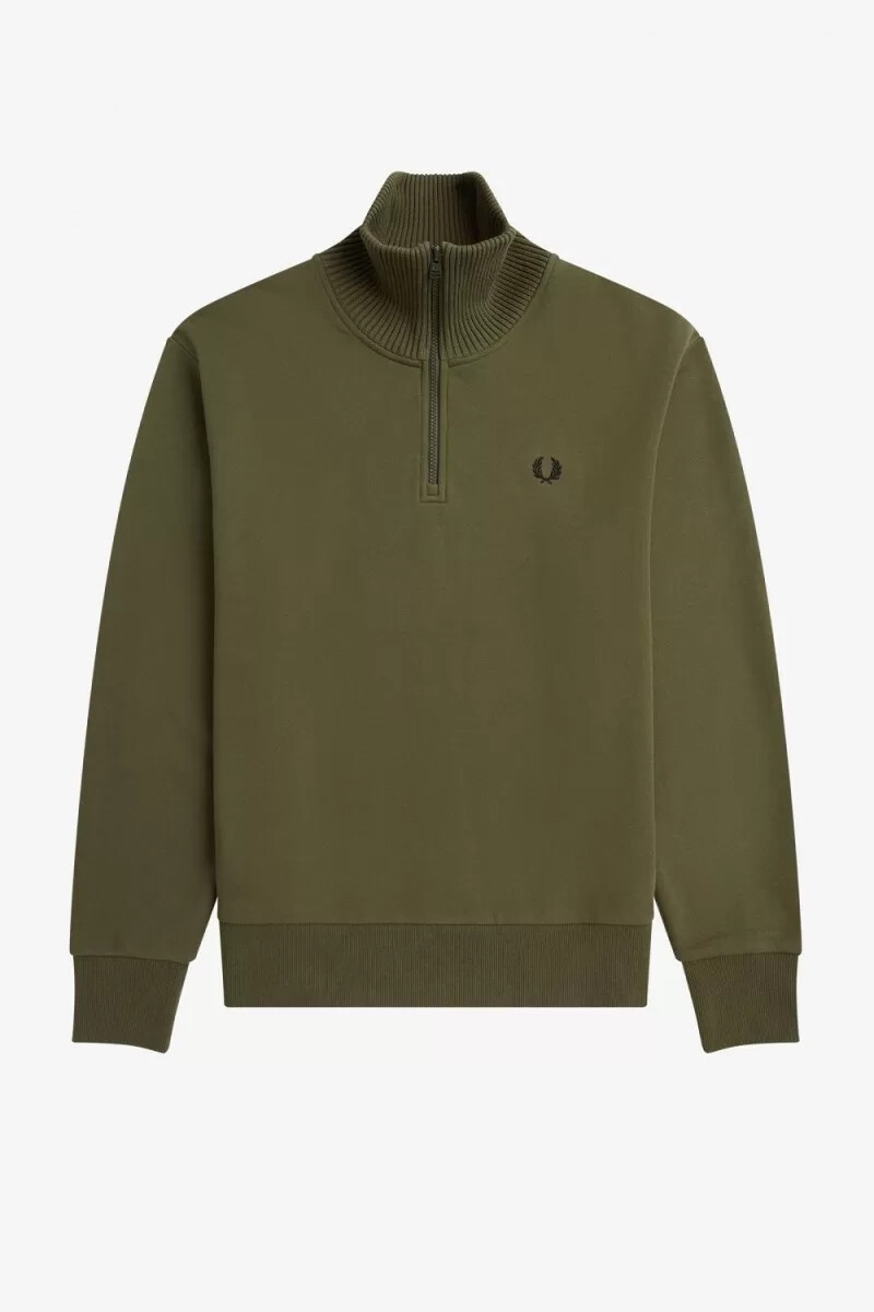 felpa da uomo con collo a zip e finiture in maglia fred perry verde uniforme