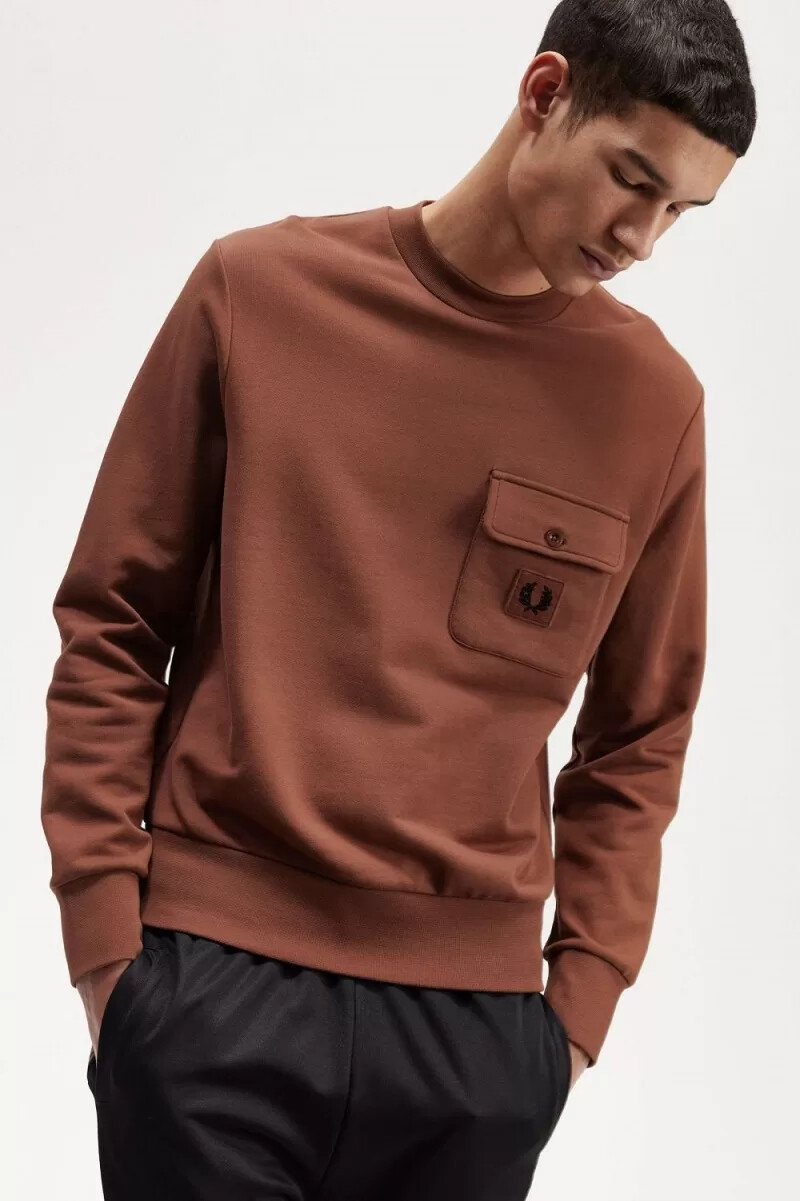 felpa girocollo da uomo con dettaglio stemma fred perry marrone whisky