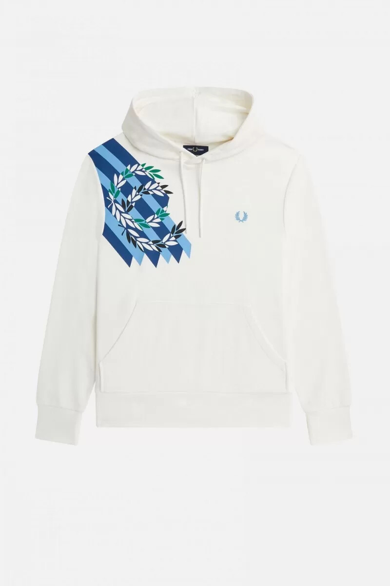 felpa con cappuccio da uomo fred perry laurel wreath print colore bianco neve