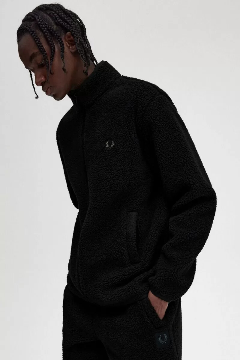 felpa da uomo in pile borg con zip fred perry nera