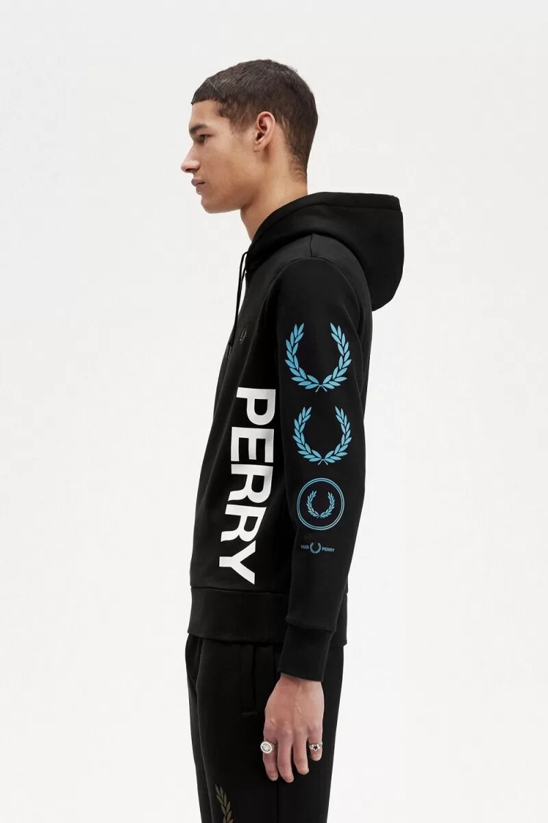 felpa con cappuccio da uomo con marchio grafico fred perry nera