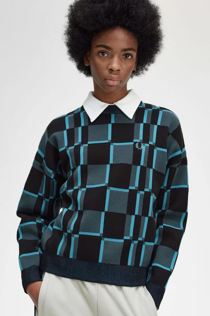 maglione da donna fred perry chequerboard cyber blue