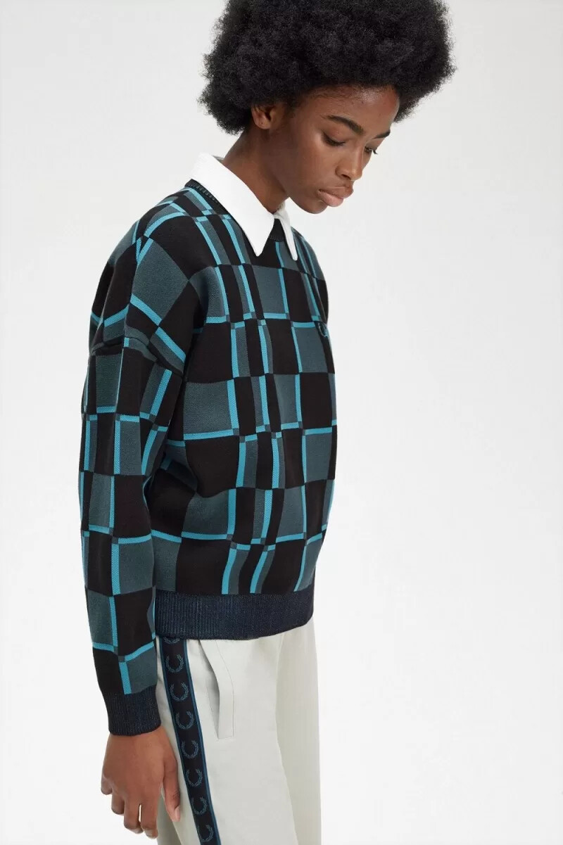maglione da donna fred perry chequerboard cyber blue