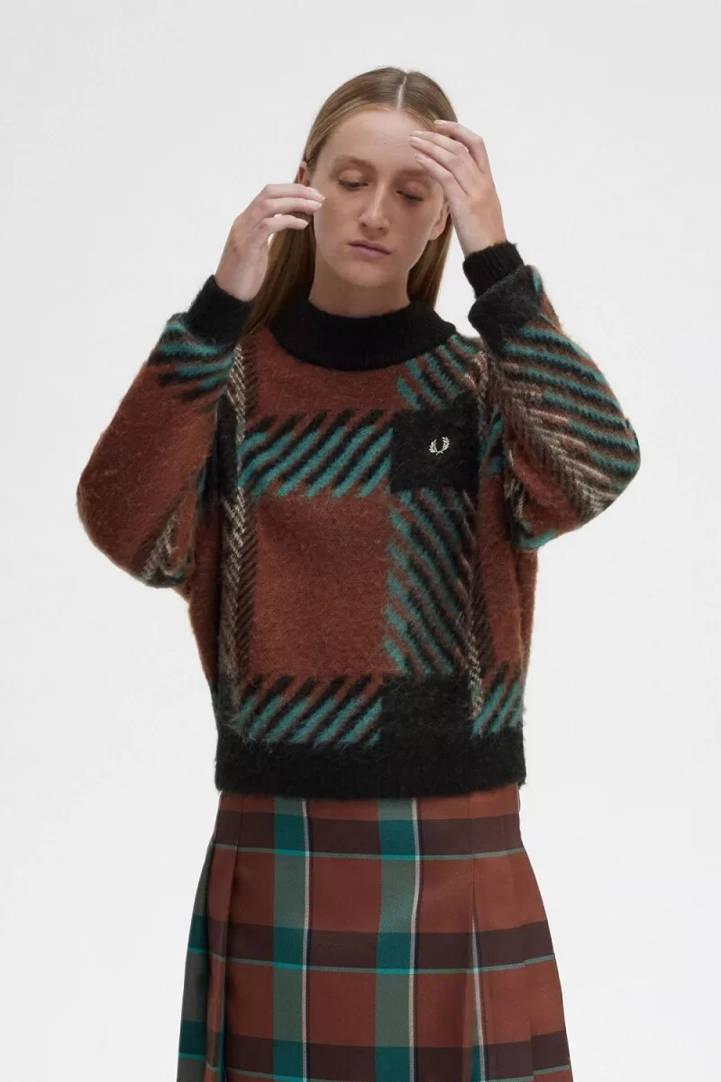 maglione da donna fred perry glitch tartan whisky brown