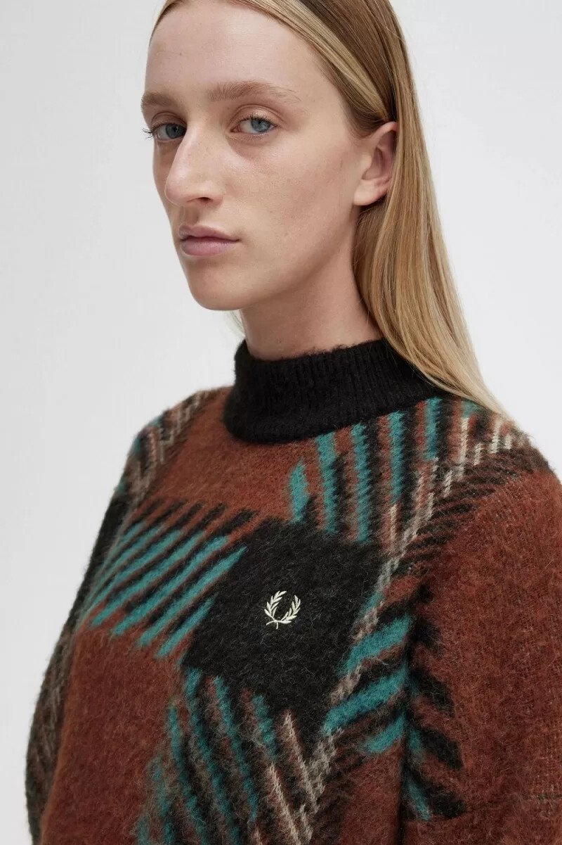 maglione da donna fred perry glitch tartan whisky brown