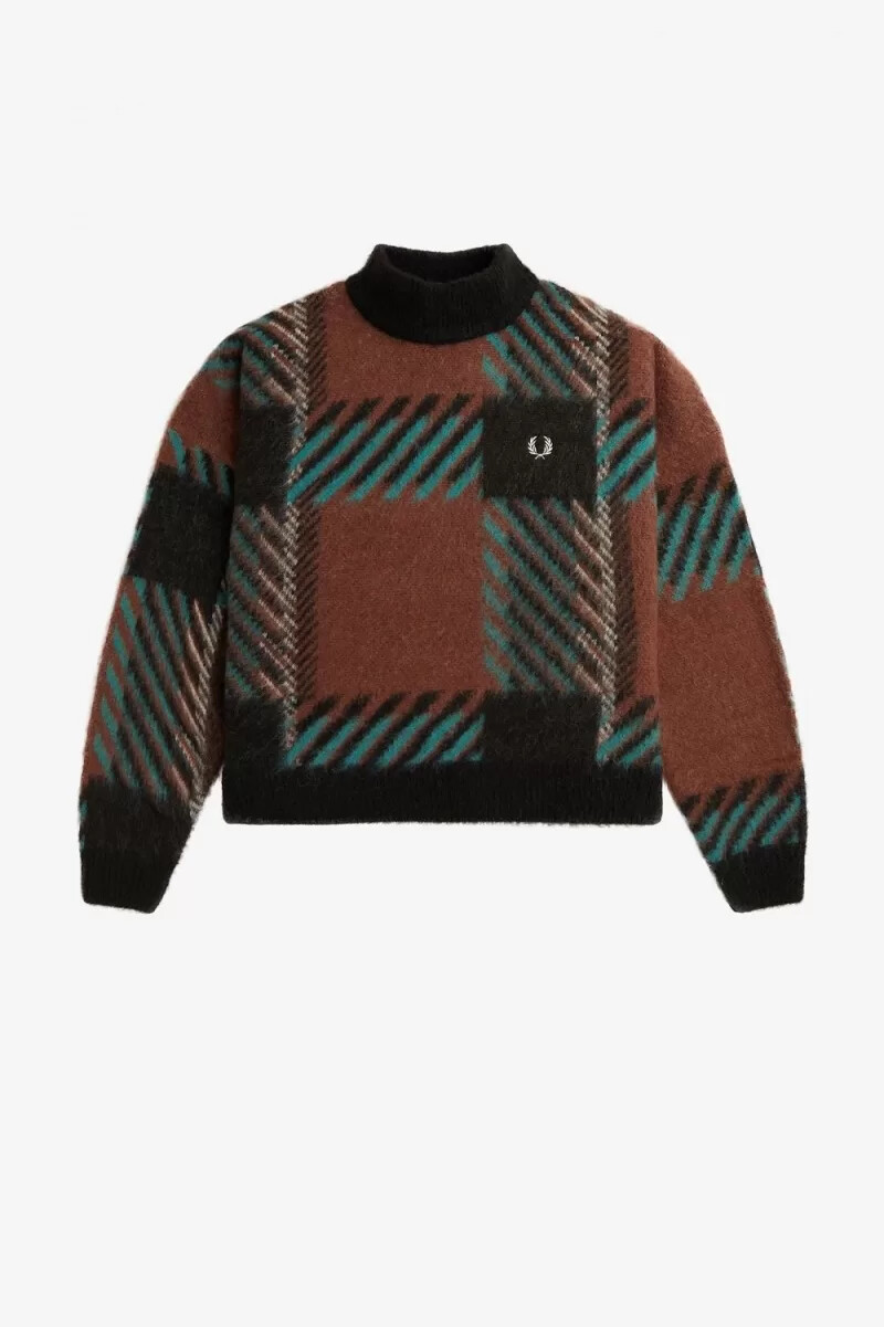 maglione da donna fred perry glitch tartan whisky brown