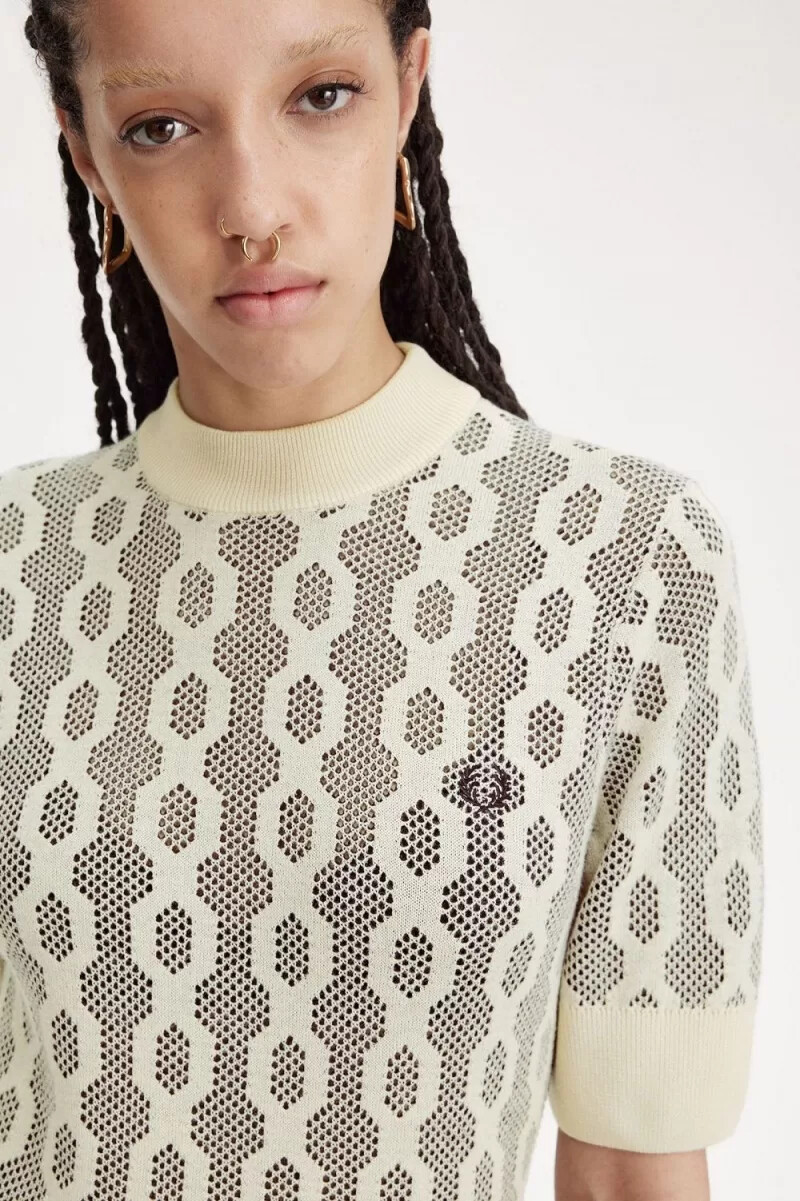 maglione a maniche corte da donna fred perry open-knit oatmeal