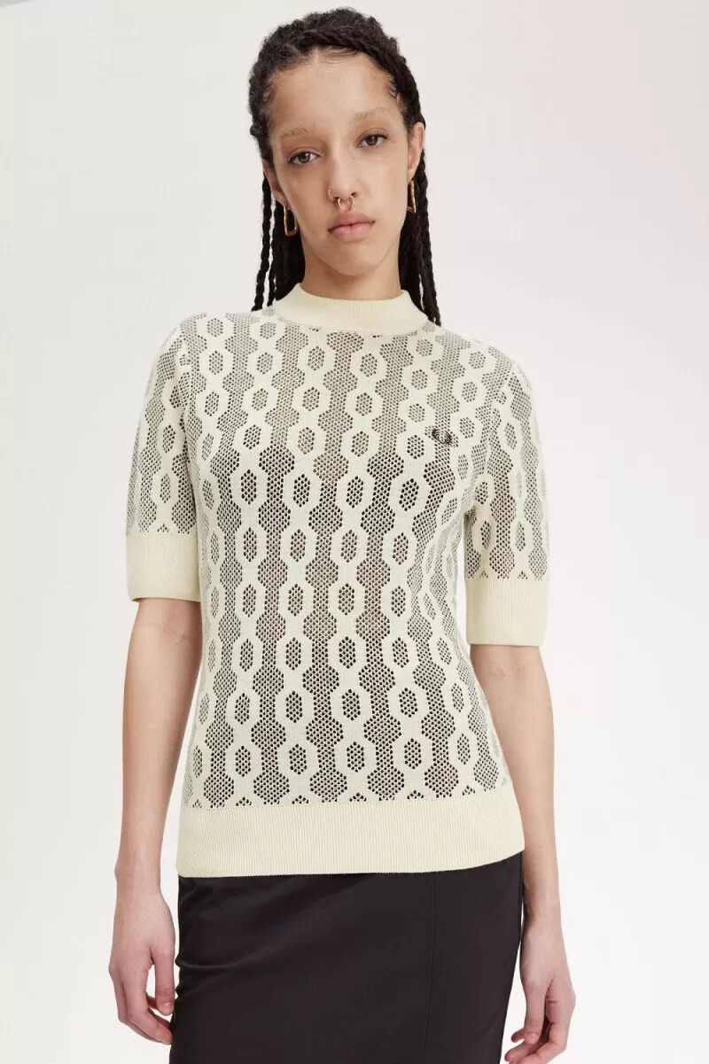 maglione a maniche corte da donna fred perry open-knit oatmeal