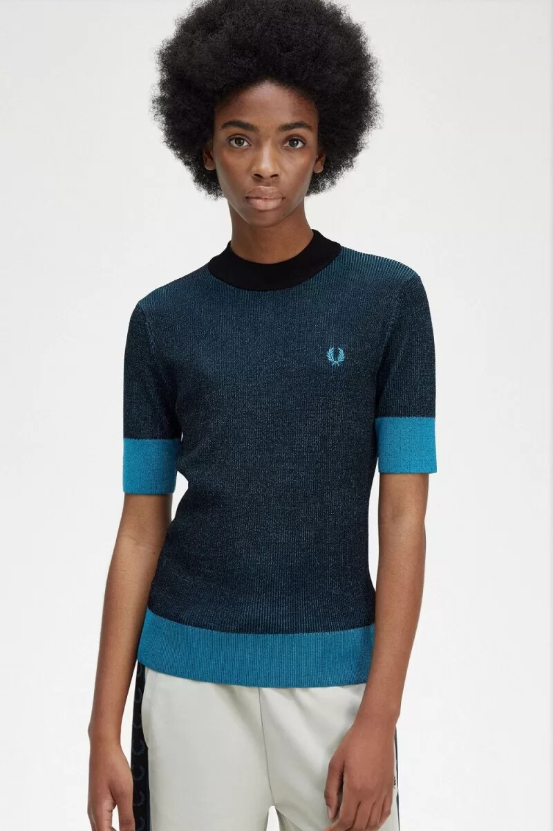 maglione da donna a maniche corte con costine a contrasto fred perry nero