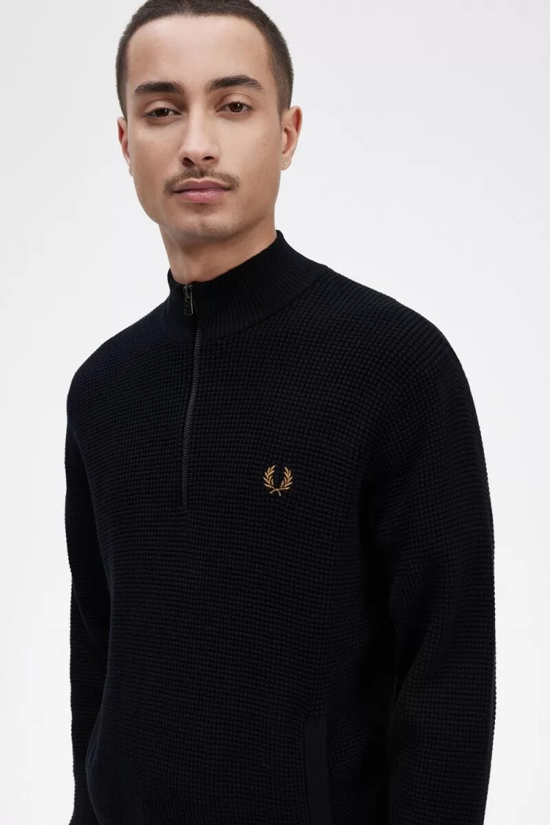 maglione da uomo fred perry waffle stitch half zip blu navy