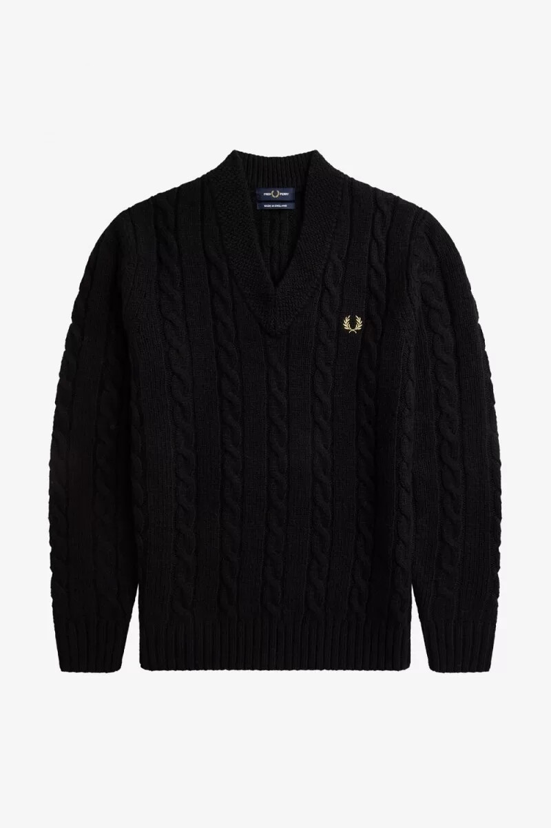 maglione da uomo con scollo a v in maglia a trecce fred perry nero
