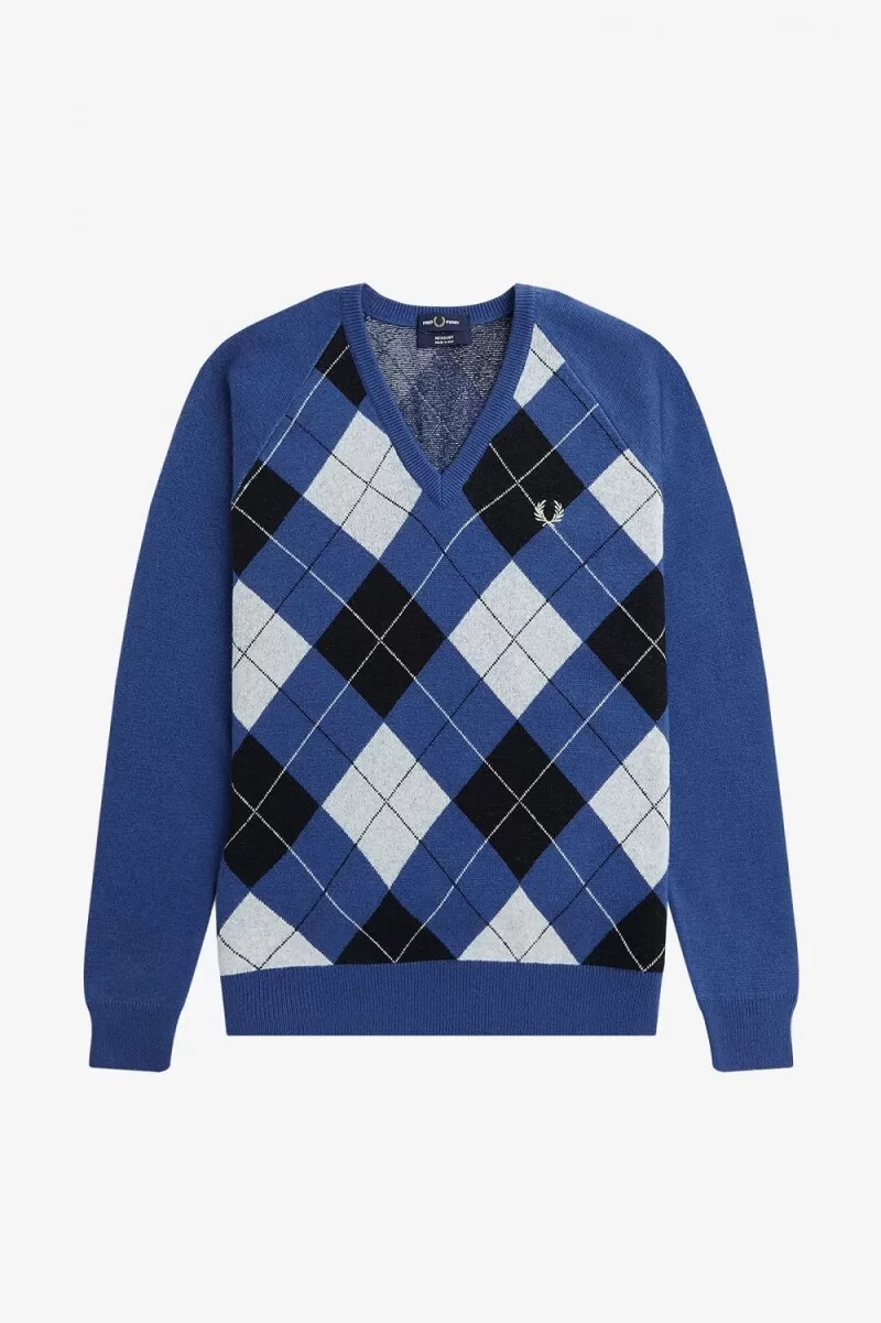 maglione da uomo fred perry lambswool argyle con scollo a v colore cobalto