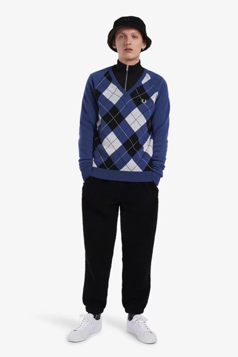 maglione da uomo fred perry lambswool argyle con scollo a v colore cobalto