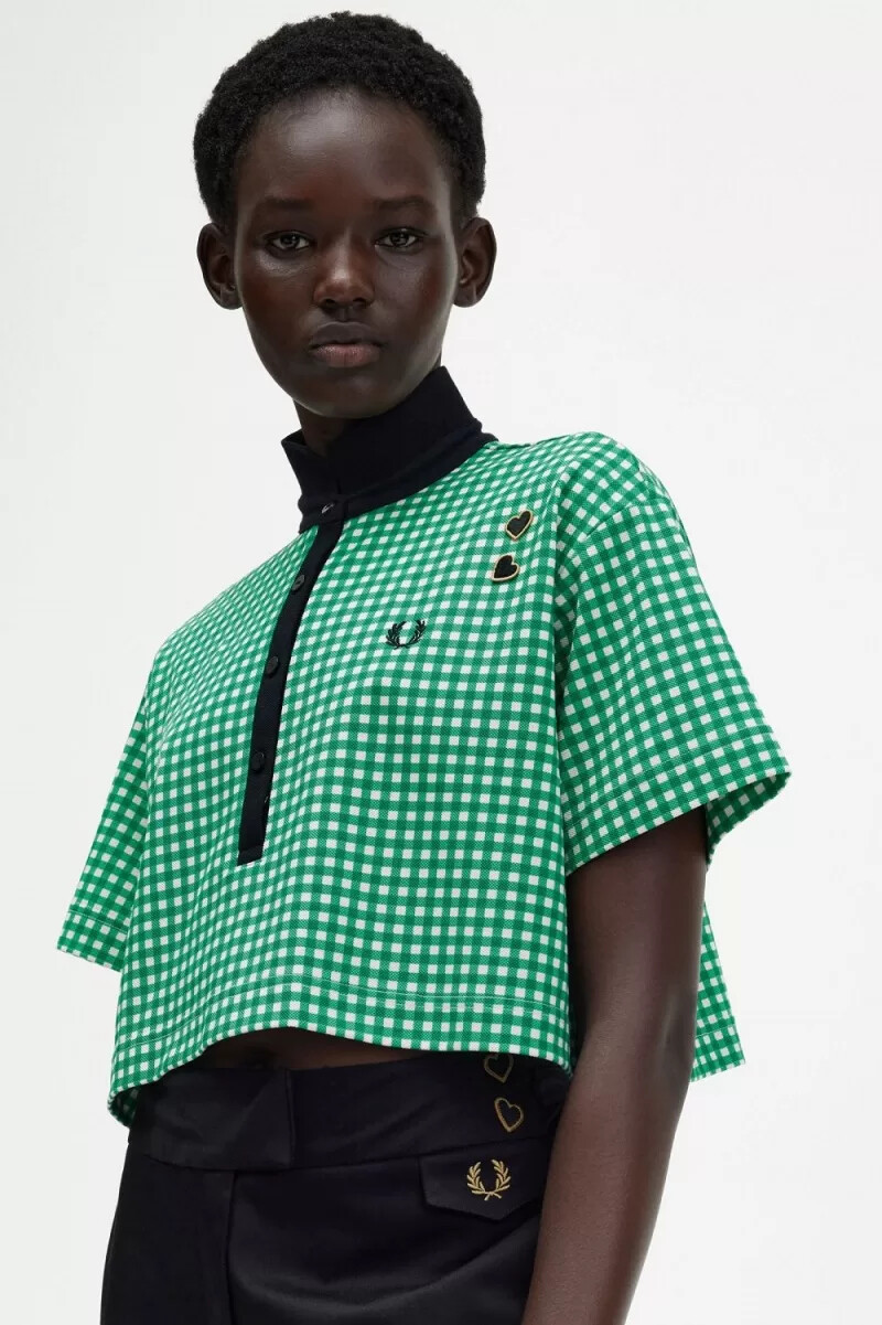 polo da donna fred perry cropped gingham piqué verde