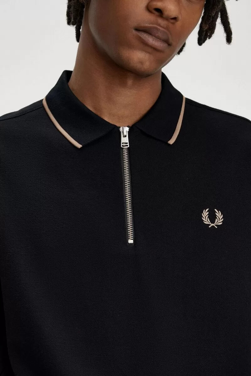polo da uomo fred perry crepe pique con zip e scollo a v nera