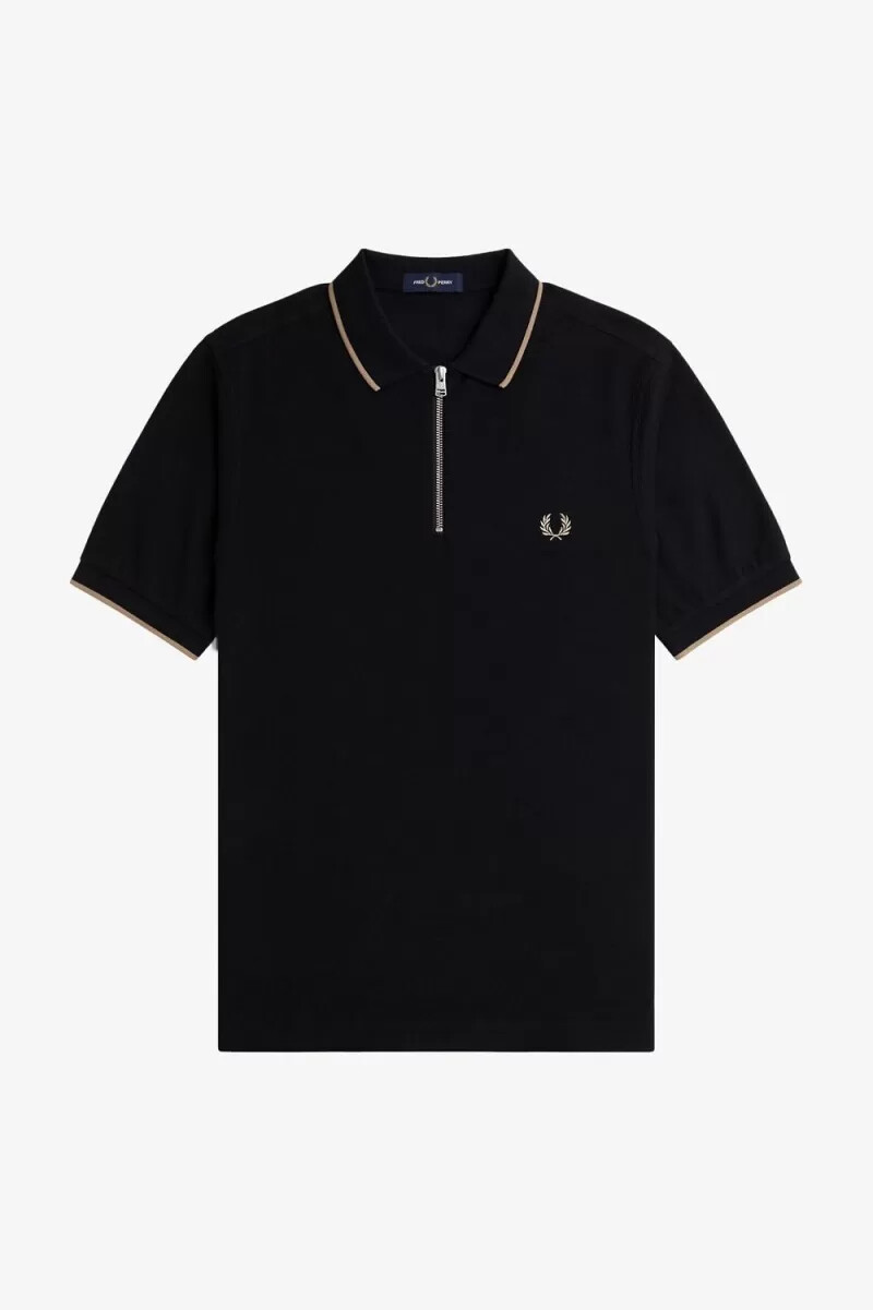 polo da uomo fred perry crepe pique con zip e scollo a v nera