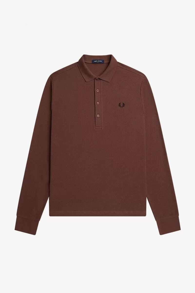 polo da uomo a maniche lunghe in cotone a nido dape fred perry marrone whisky