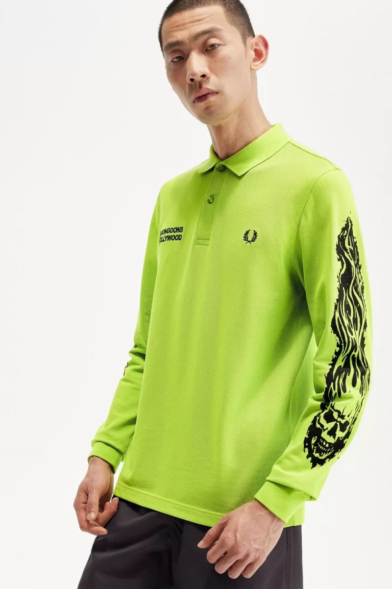 polo da uomo a maniche lunghe fred perry noongoons con grafica verde lime