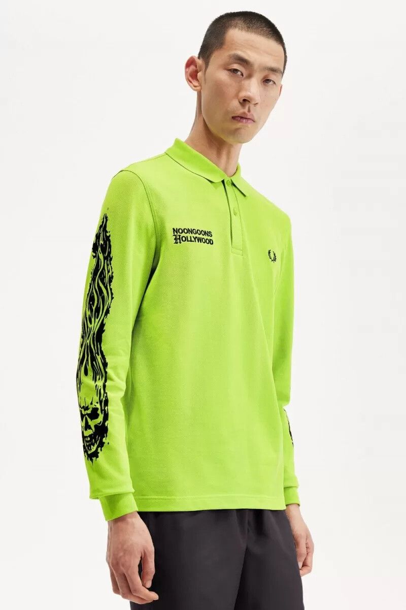 polo da uomo a maniche lunghe fred perry noongoons con grafica verde lime