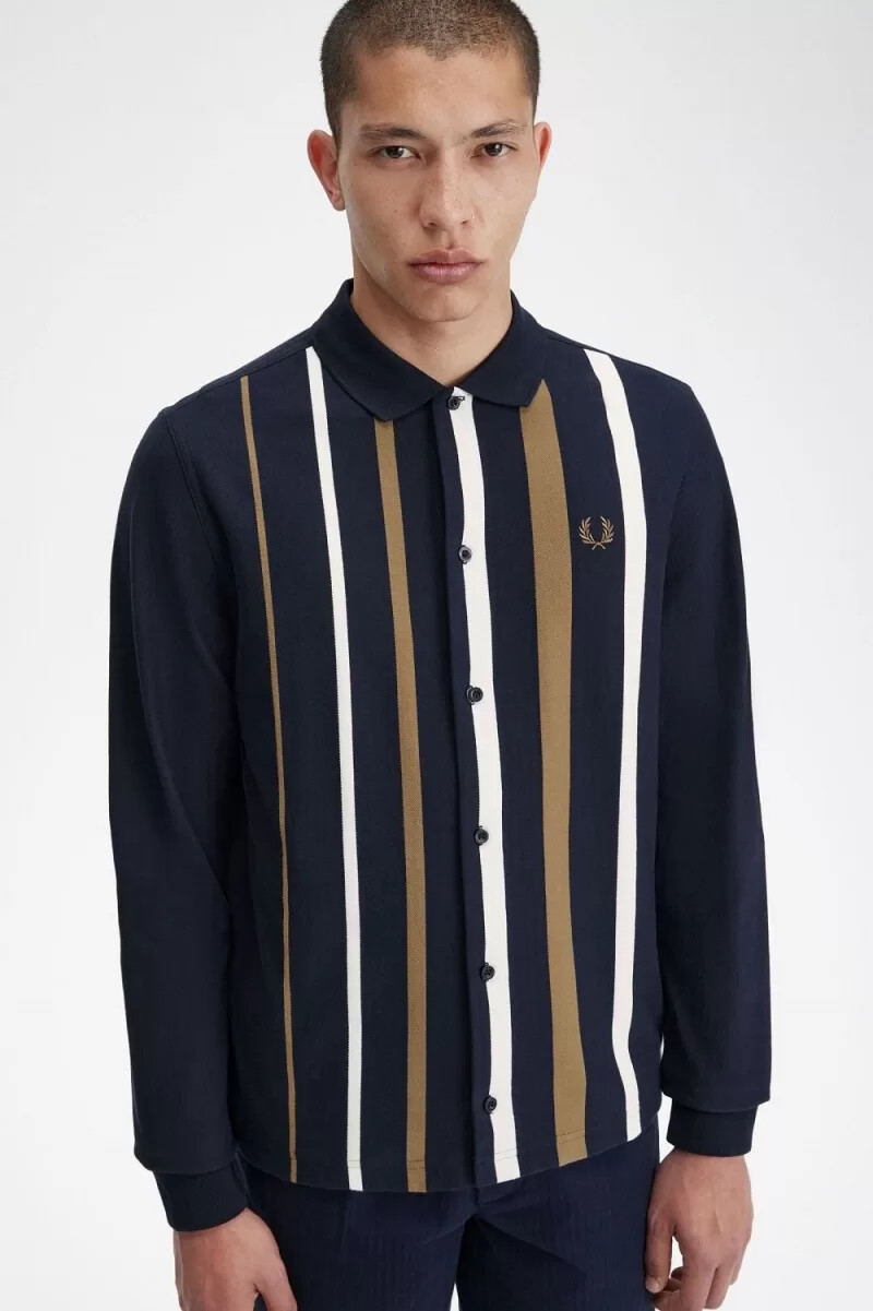 polo da uomo a maniche lunghe a righe sfumate fred perry blu navy