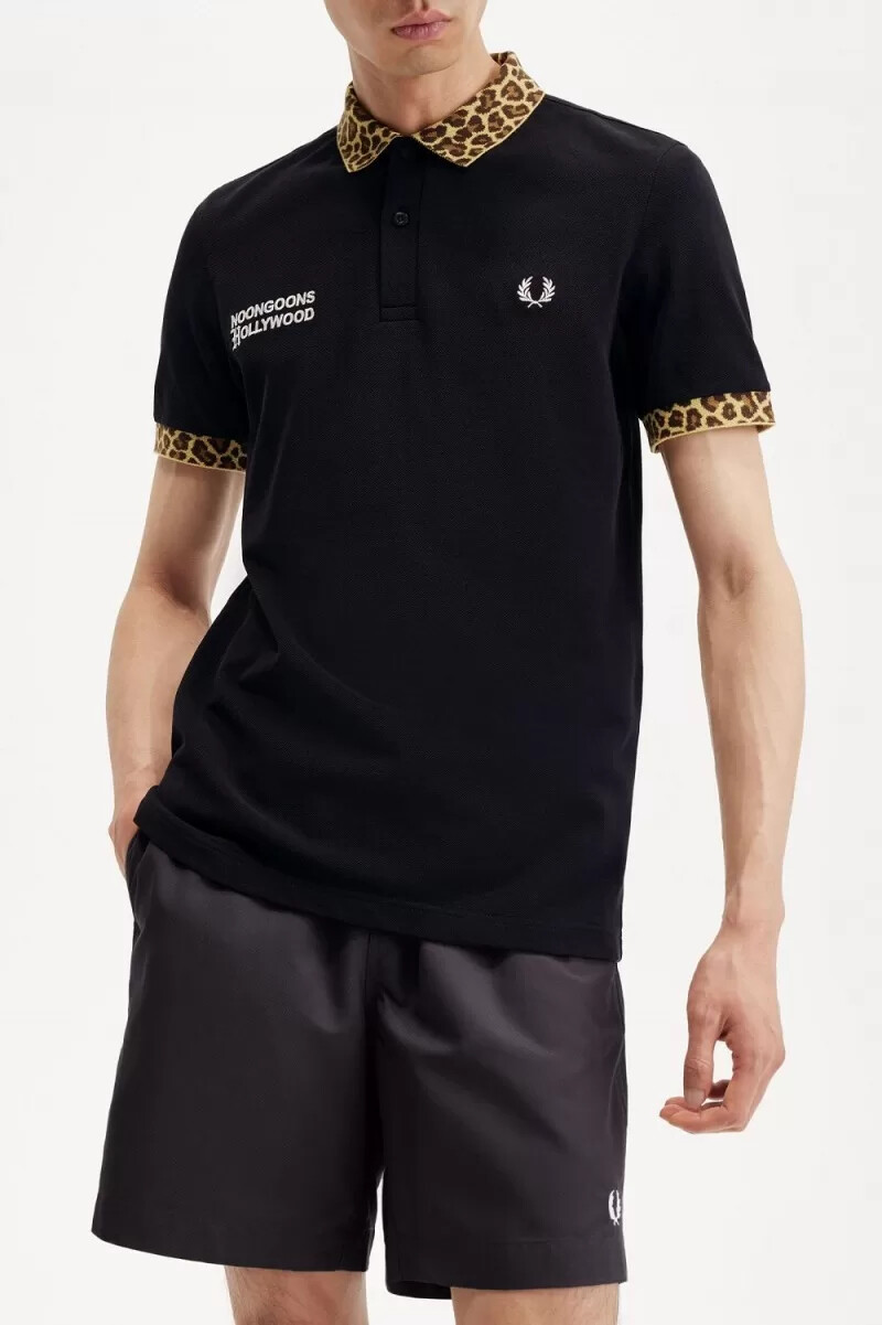 polo da uomo fred perry noongoons con stampa leopardata nera