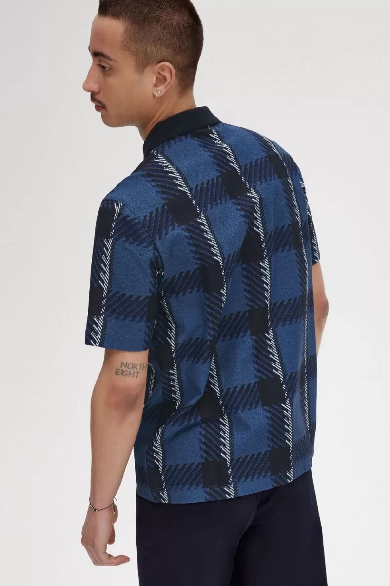 polo da uomo fred perry glitch tartan con zip e scollo a v blu notte