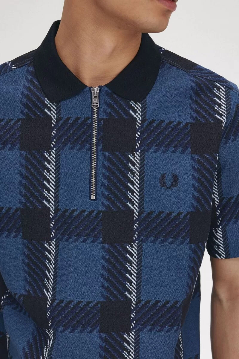 polo da uomo fred perry glitch tartan con zip e scollo a v blu notte