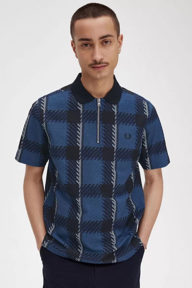 polo da uomo fred perry glitch tartan con zip e scollo a v blu notte