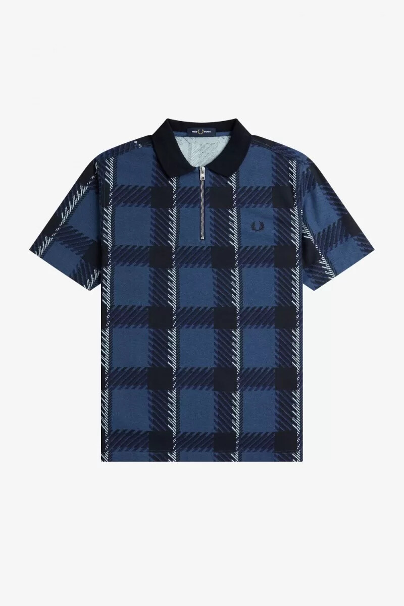 polo da uomo fred perry glitch tartan con zip e scollo a v blu notte