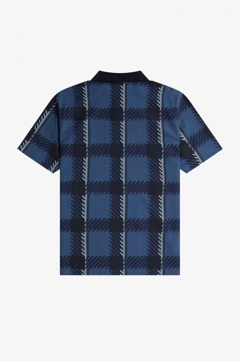 polo da uomo fred perry glitch tartan con zip e scollo a v blu notte