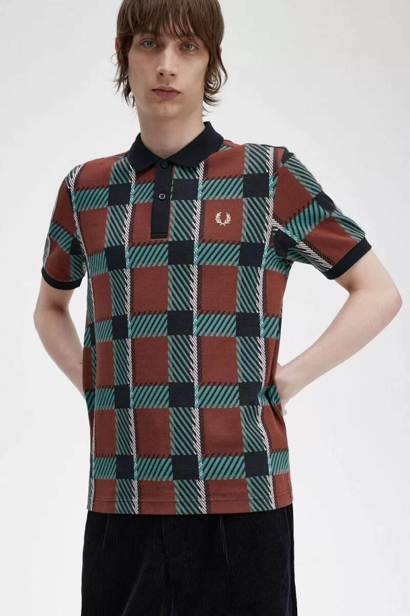 polo da uomo fred perry glitch tartan whisky brown