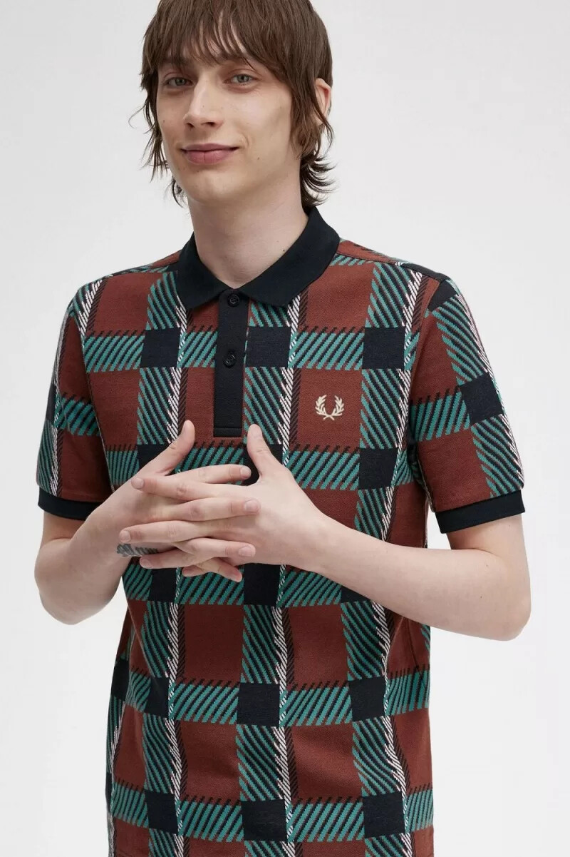 polo da uomo fred perry glitch tartan whisky brown