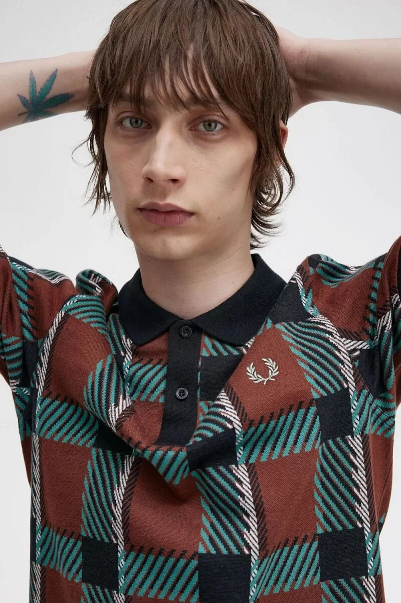 polo da uomo fred perry glitch tartan whisky brown