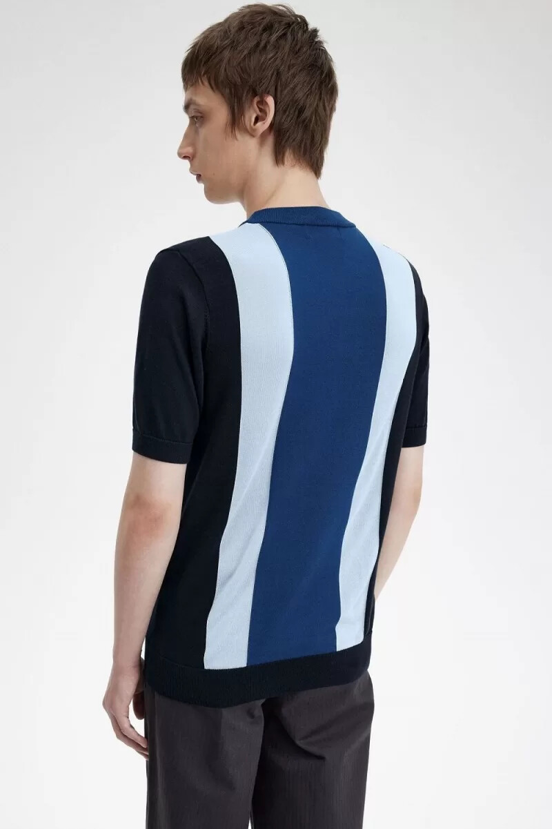 t-shirt da uomo in maglia fine a righe fred perry blu navy turchese e cobalto sfumato