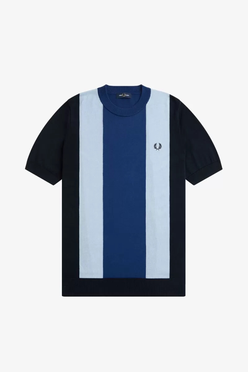 t-shirt da uomo in maglia fine a righe fred perry blu navy turchese e cobalto sfumato