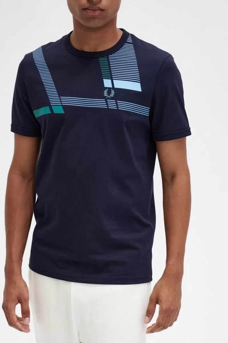 t-shirt da uomo fred perry glitch print blu navy