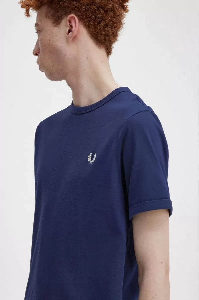 fred perry ringer t-shirt da uomo blu navy francese bianco neve