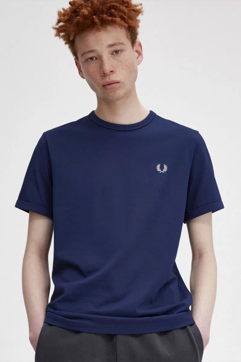 fred perry ringer t-shirt da uomo blu navy francese bianco neve