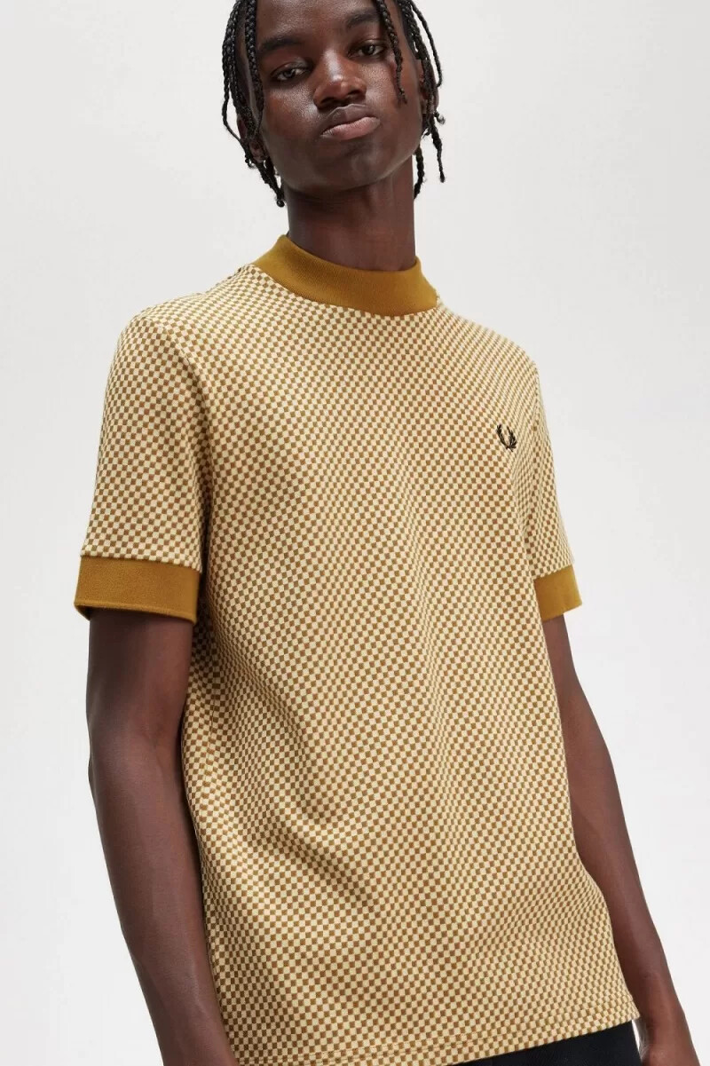 fred perry micro chequerboard t-shirt da uomo oatmeal dark coffee